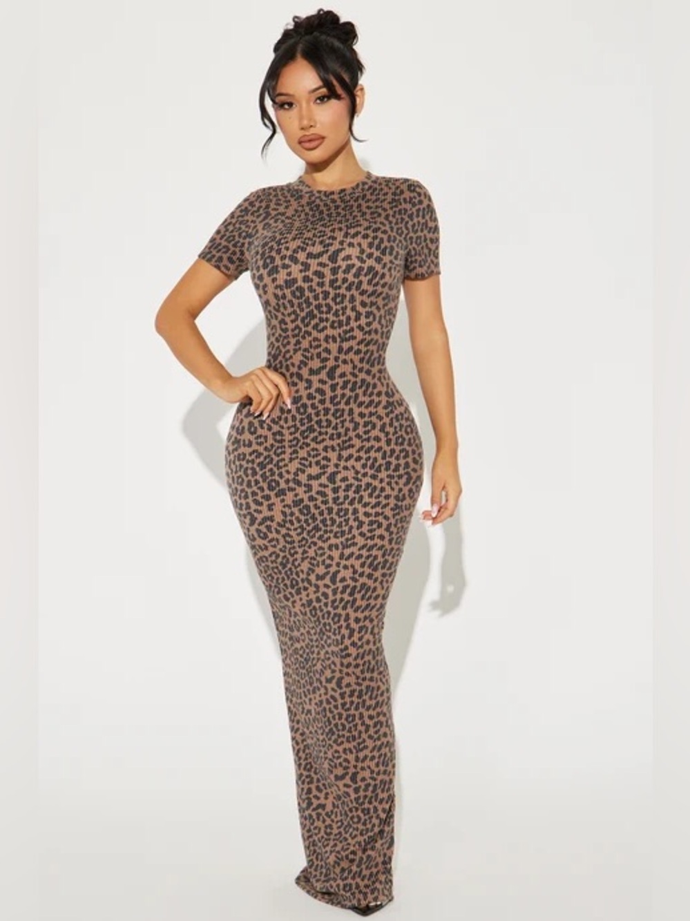 Fashion Nova Leopard-Print Short Sleeve Maxi Dress - Brown/Black
